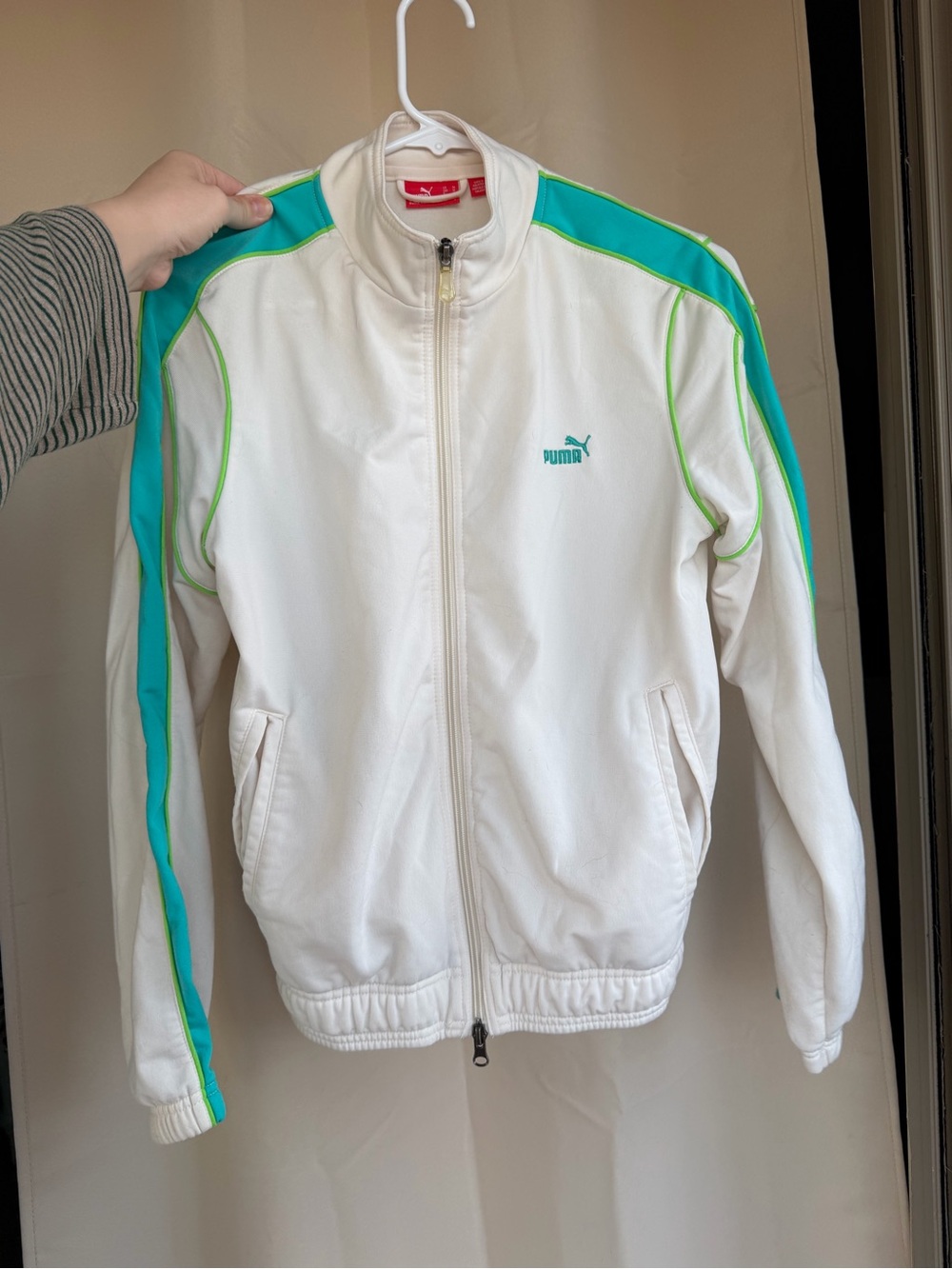Vintage White Track Jacket with Teal and Lime Trim